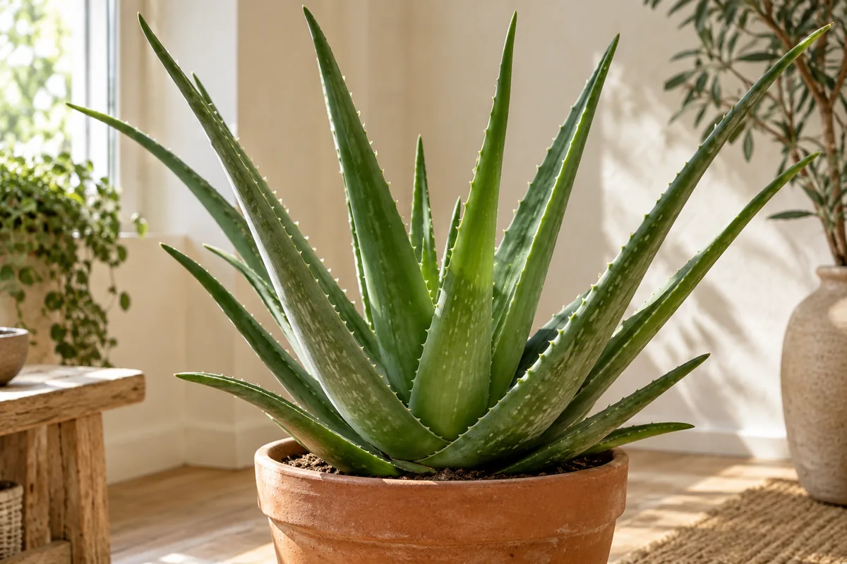 Fleshy pointed aloe leaves arranged in a rosette above a terracotta pot