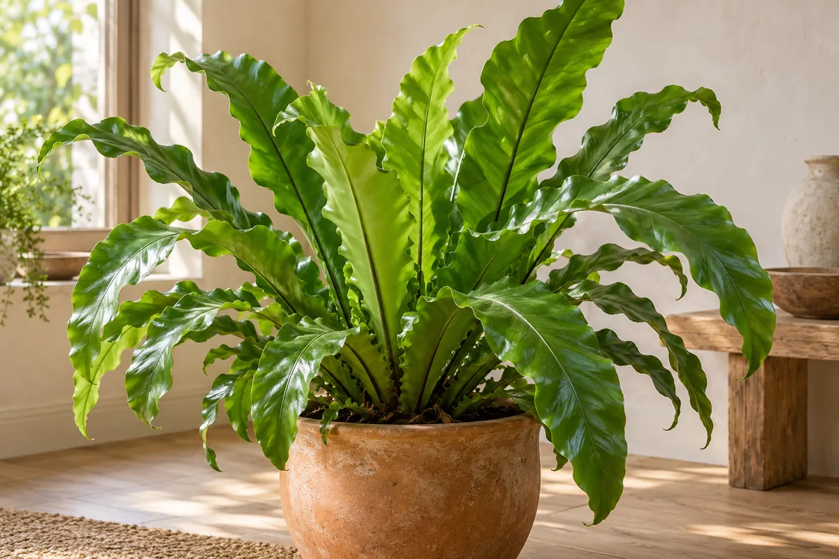 Glossy undivided bird nest fern leaves rising in a wavy rosette from a clay pot