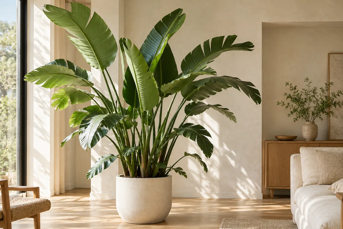 Tall bird of paradise stems and broad paddle shaped green leaves in an ivory floor planter