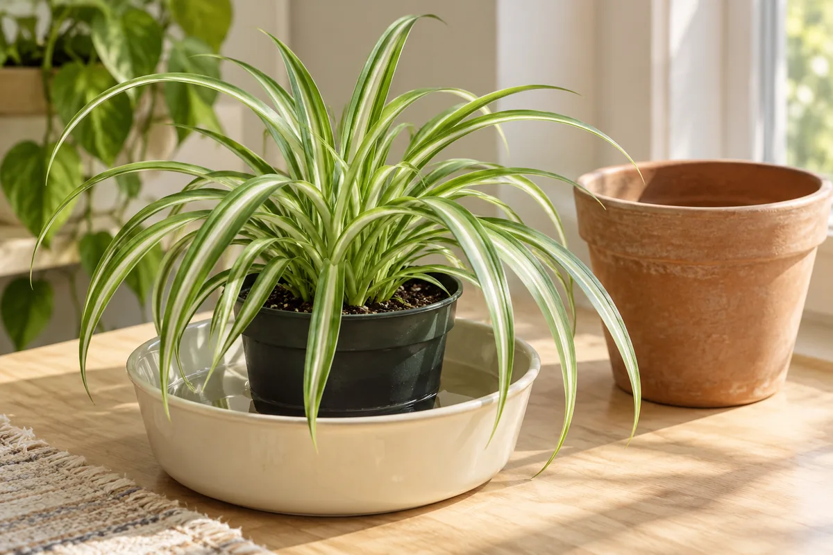 A spider plant in a dark nursery pot standing in a shallow cream basin of water beside an empty clay pot