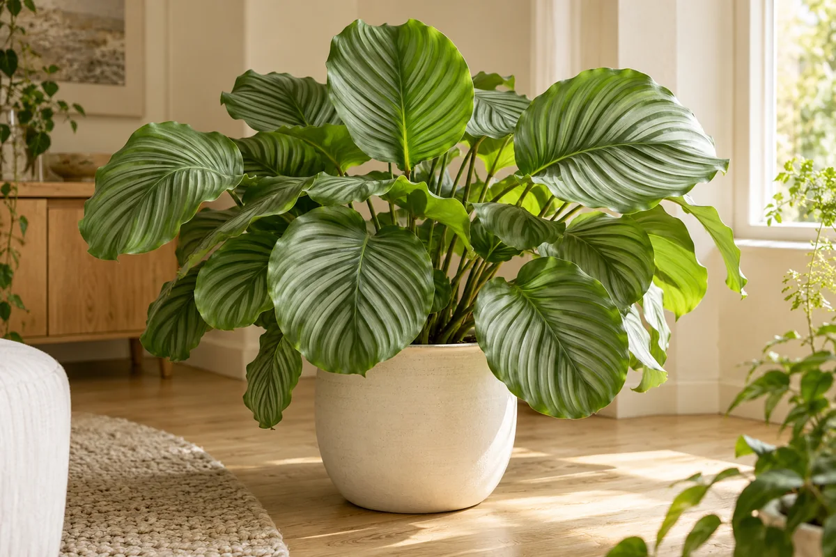 Rounded calathea leaves with pale silver stripes in a cream ceramic pot