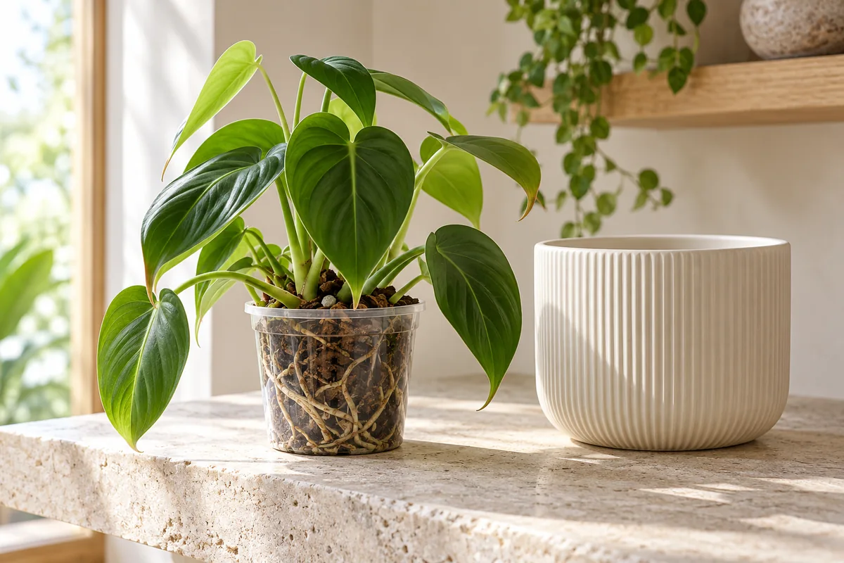 A philodendron in a clear nursery pot with visible roots and bark mix beside an ivory cachepot