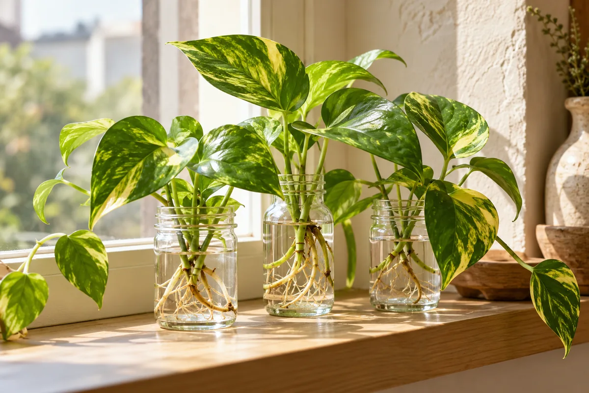 Leafy golden pothos cuttings with visible roots growing in clear glass jars on a windowsill