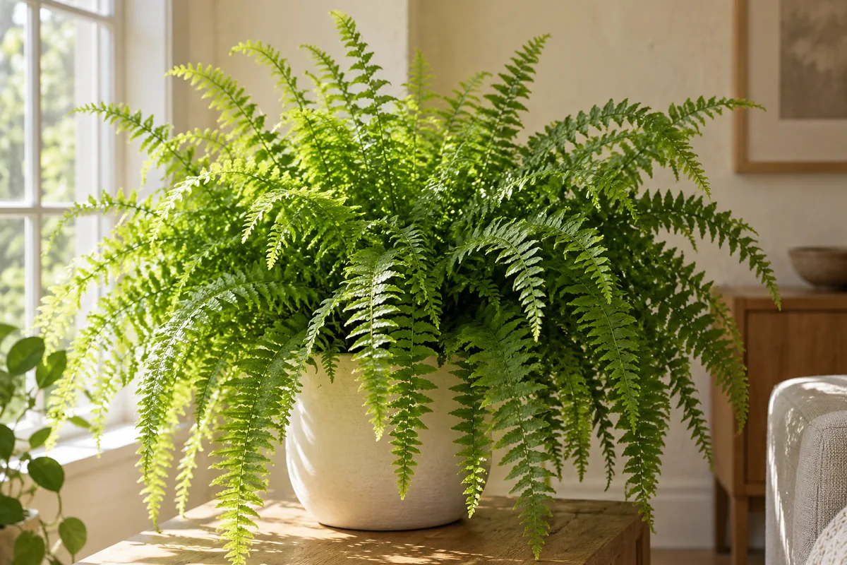 Long finely divided Boston fern fronds arching from a pale indoor planter