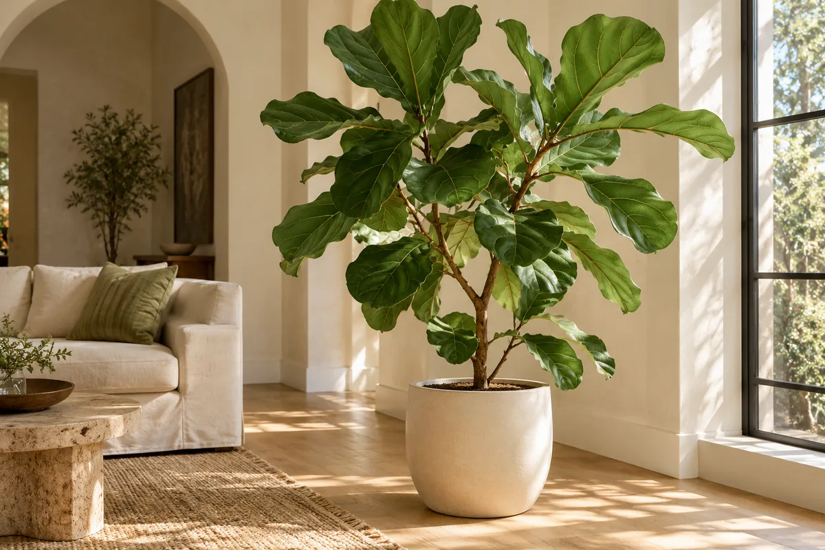 A tall fiddle leaf fig with broad wavy leaves in an ivory floor planter
