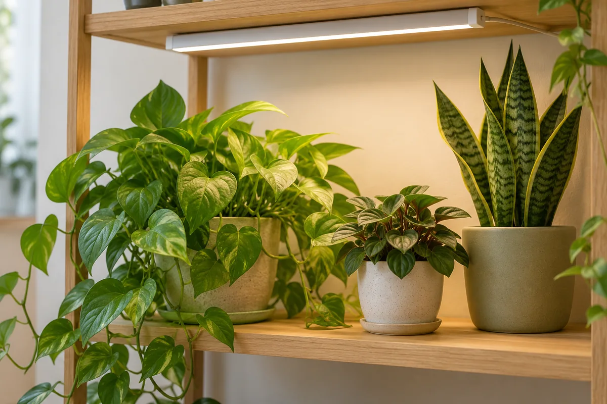 Pothos, peperomia, and snake plants on an oak shelf under a slim white LED grow light