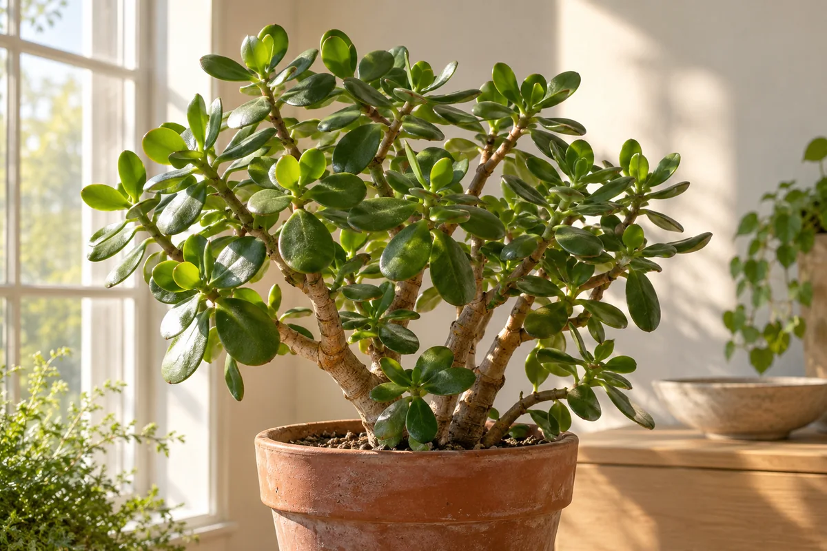 A branching jade plant with thick oval green leaves in a clay pot in soft sunlight