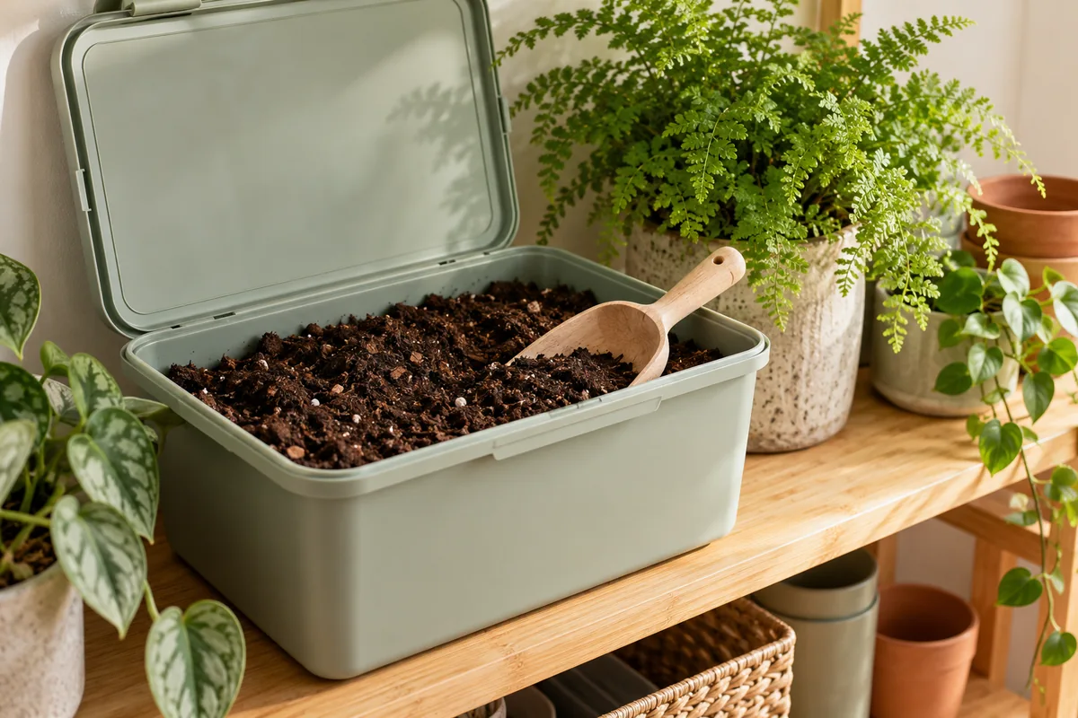 An open storage tub of potting mix with a plain scoop on a shelf beside a small fern