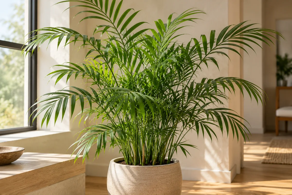 Fine green parlor palm fronds on slender stems in a pale indoor planter