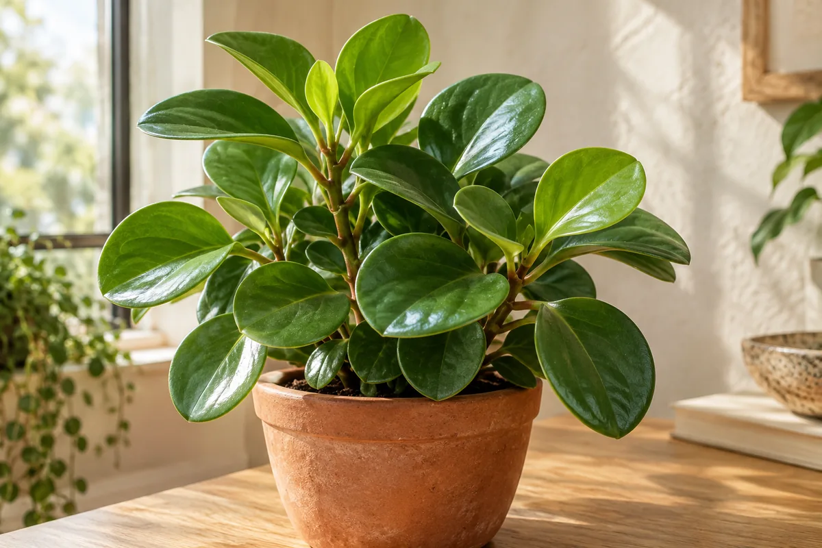 A compact peperomia with thick rounded glossy green leaves in a small clay pot