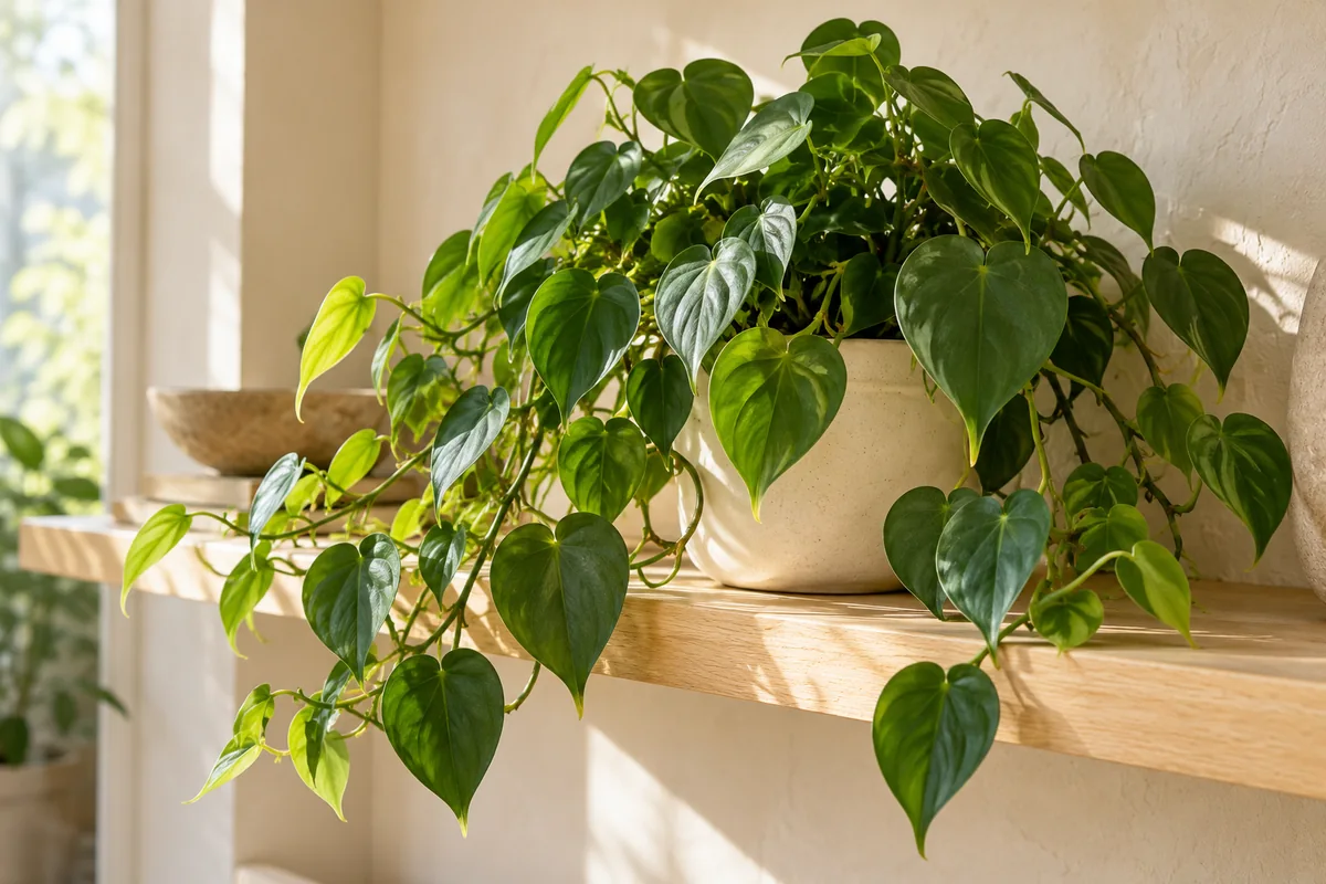 Green heartleaf philodendron vines trailing from a pale pot on an oak shelf
