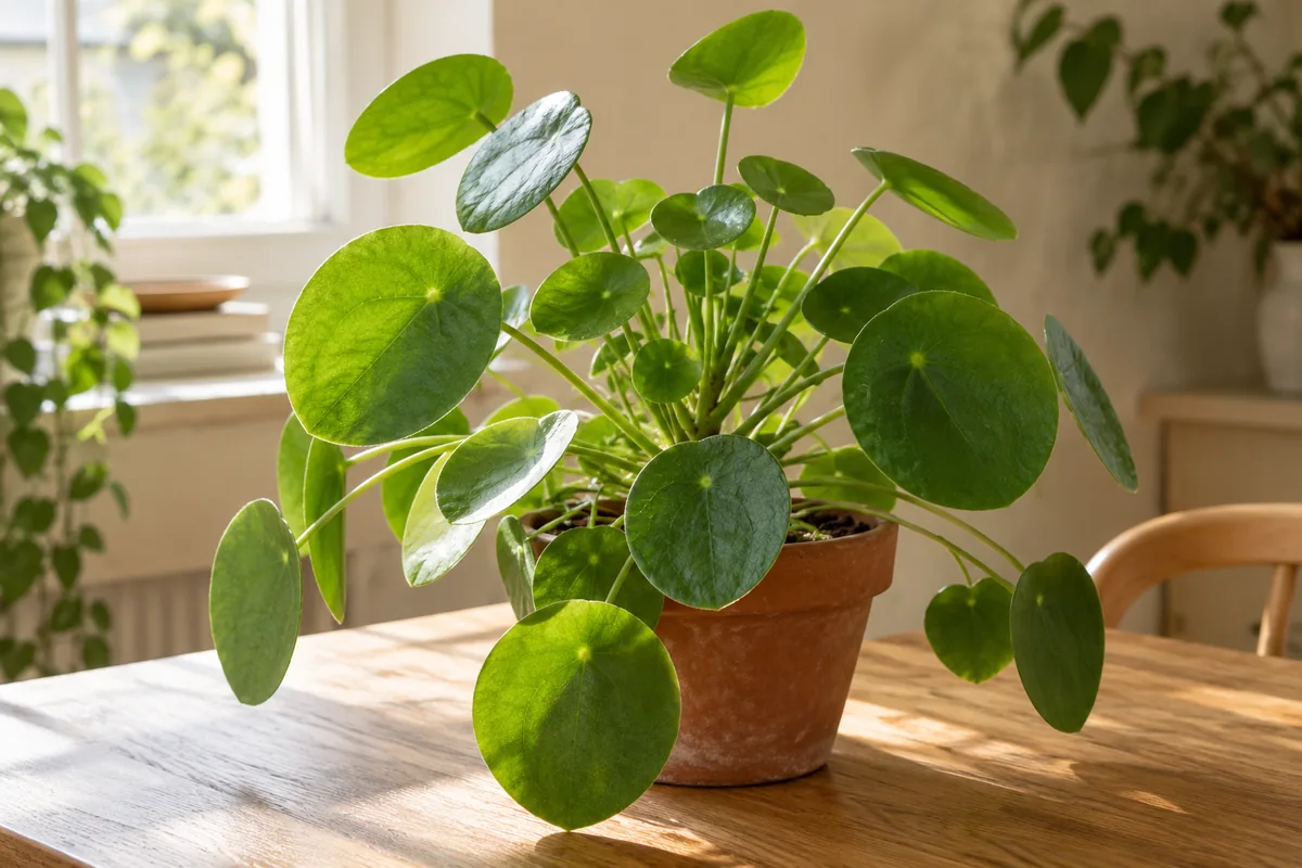 Round Chinese money plant leaves on slender stalks above a terracotta pot