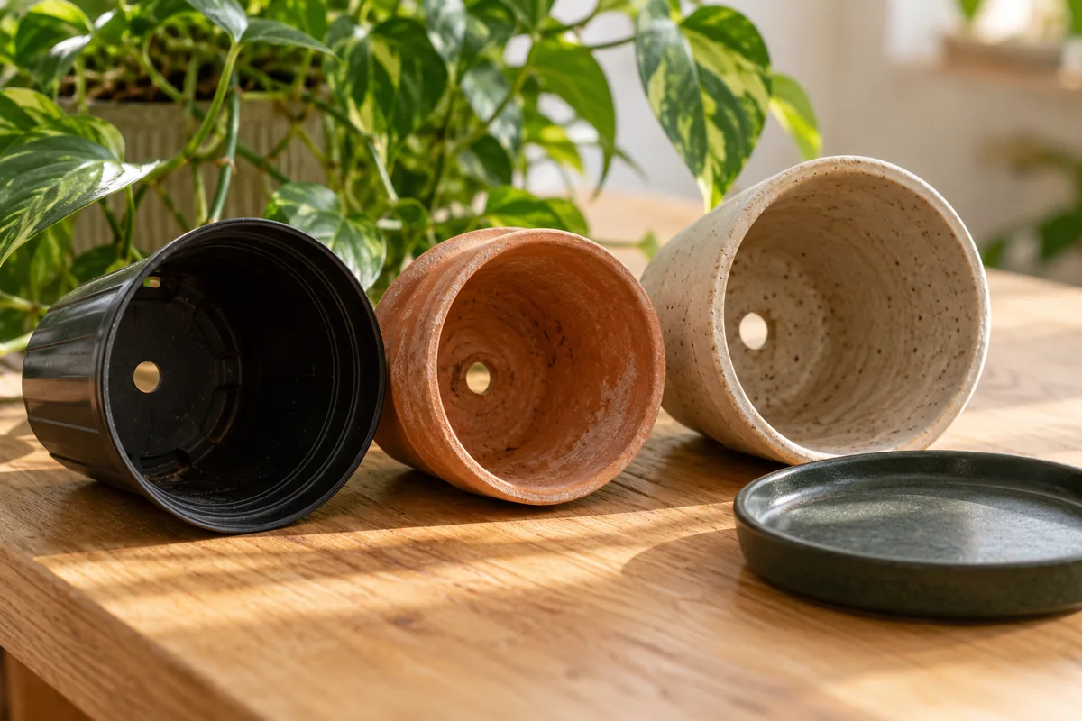 Empty nursery and terracotta pots on their sides with drainage holes visible beside a plant saucer