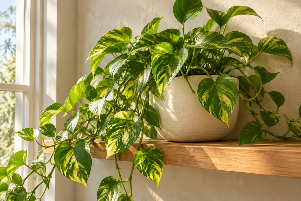 Golden pothos leaves and trailing vines in a pale ceramic pot on a wooden shelf