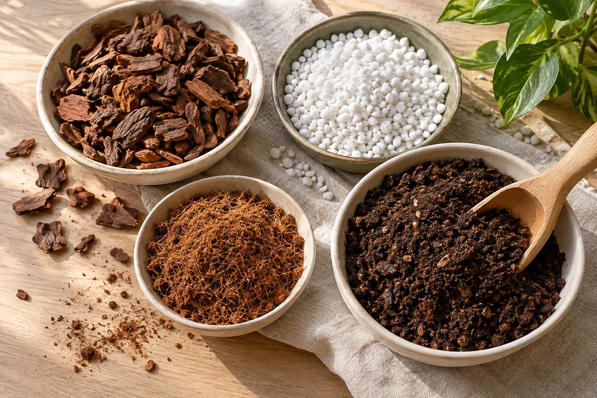 Separate bowls of pine bark, white perlite, brown coconut coir, and dark potting mix on a wooden bench