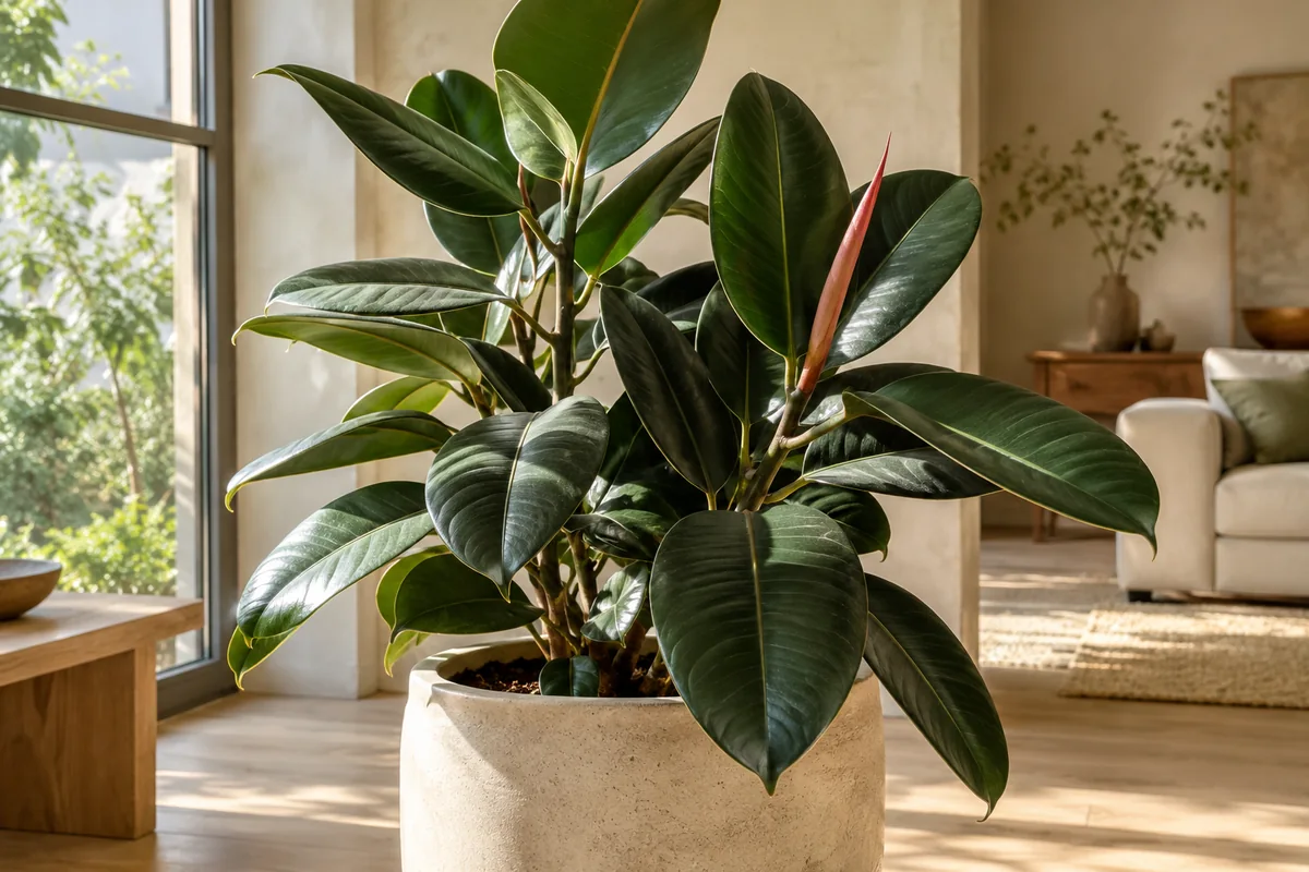 A rubber plant with broad dark glossy leaves and a red emerging leaf sheath in a cream pot