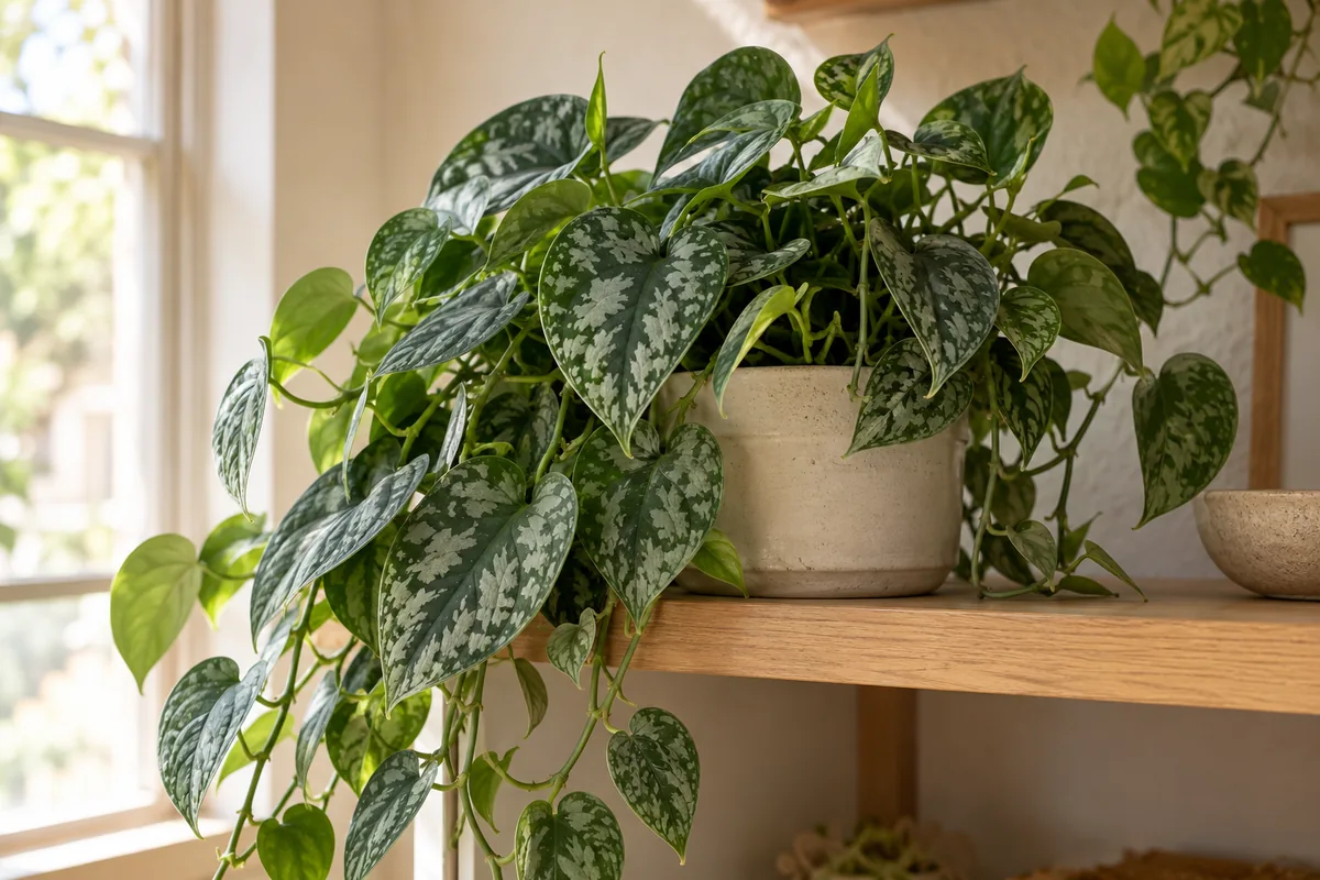 Matte green satin pothos leaves with silver markings trailing beside a window