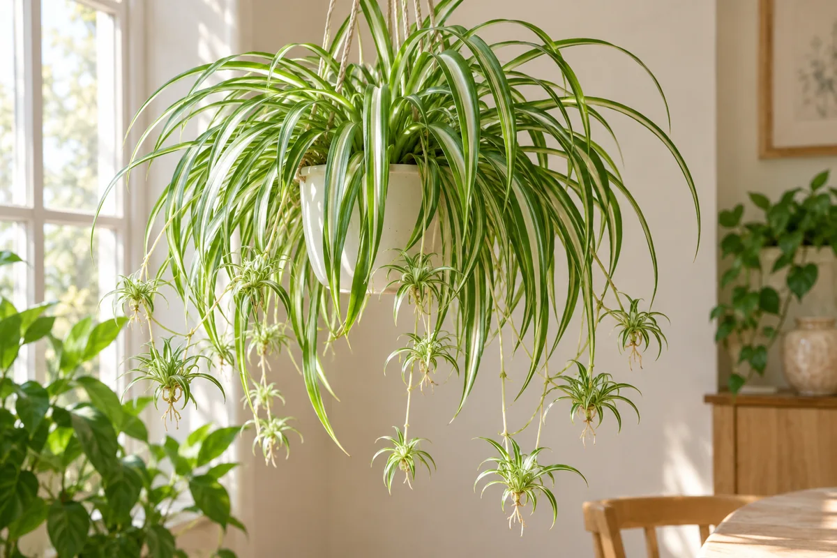 Arching striped spider plant leaves and small hanging plantlets in a white pot