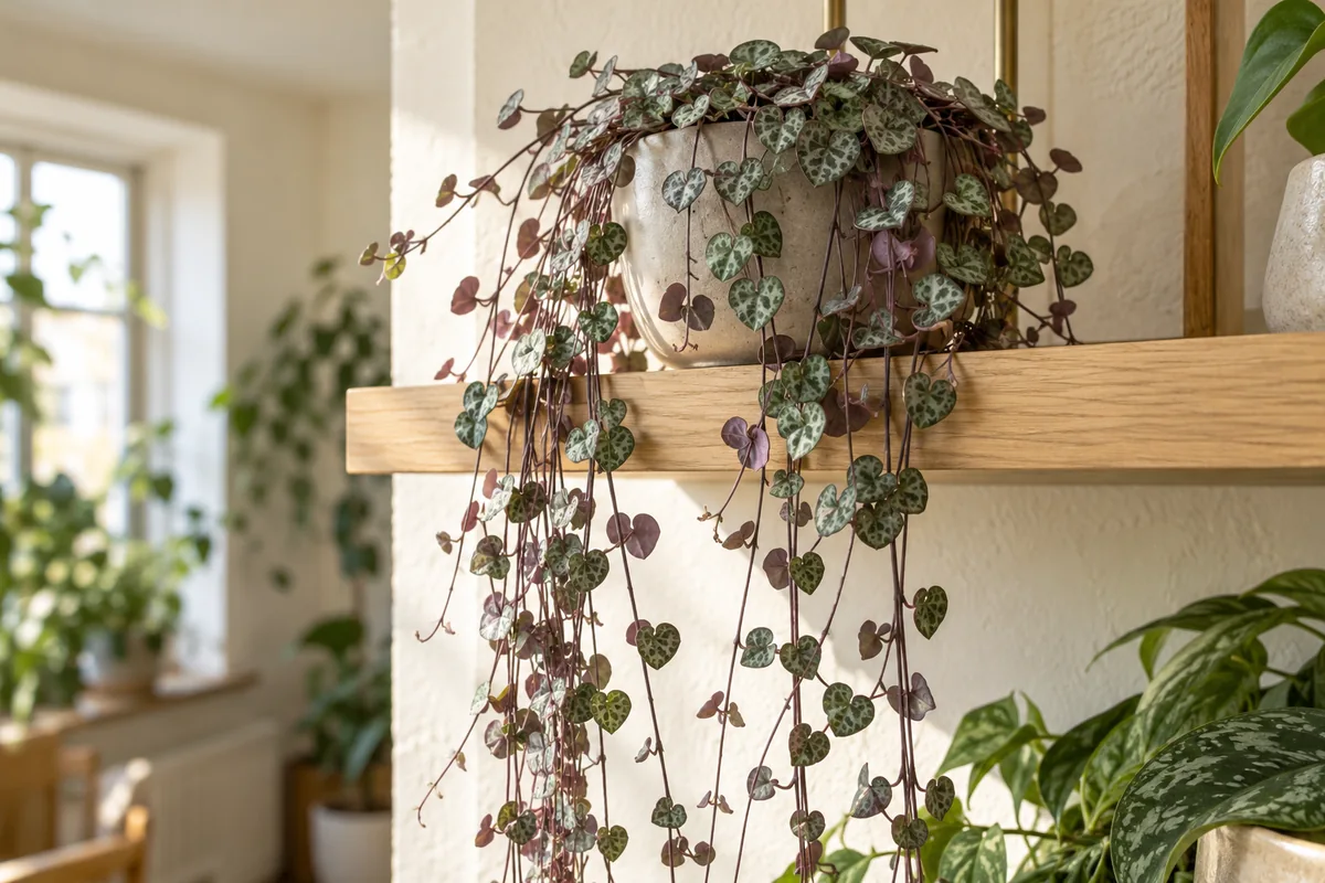 Fine string of hearts vines with small patterned heart shaped leaves hanging from a shelf