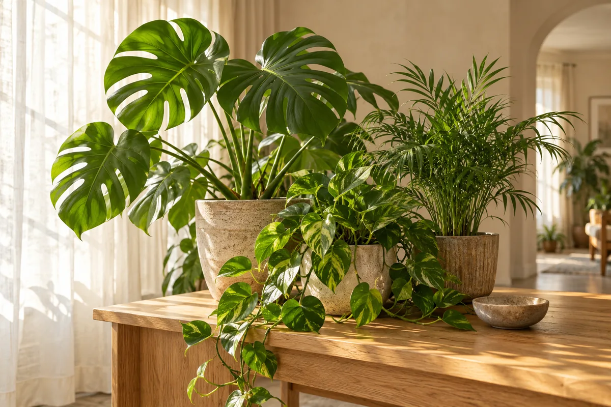 A small collection of indoor plants beside sheer curtains and a softly lit window