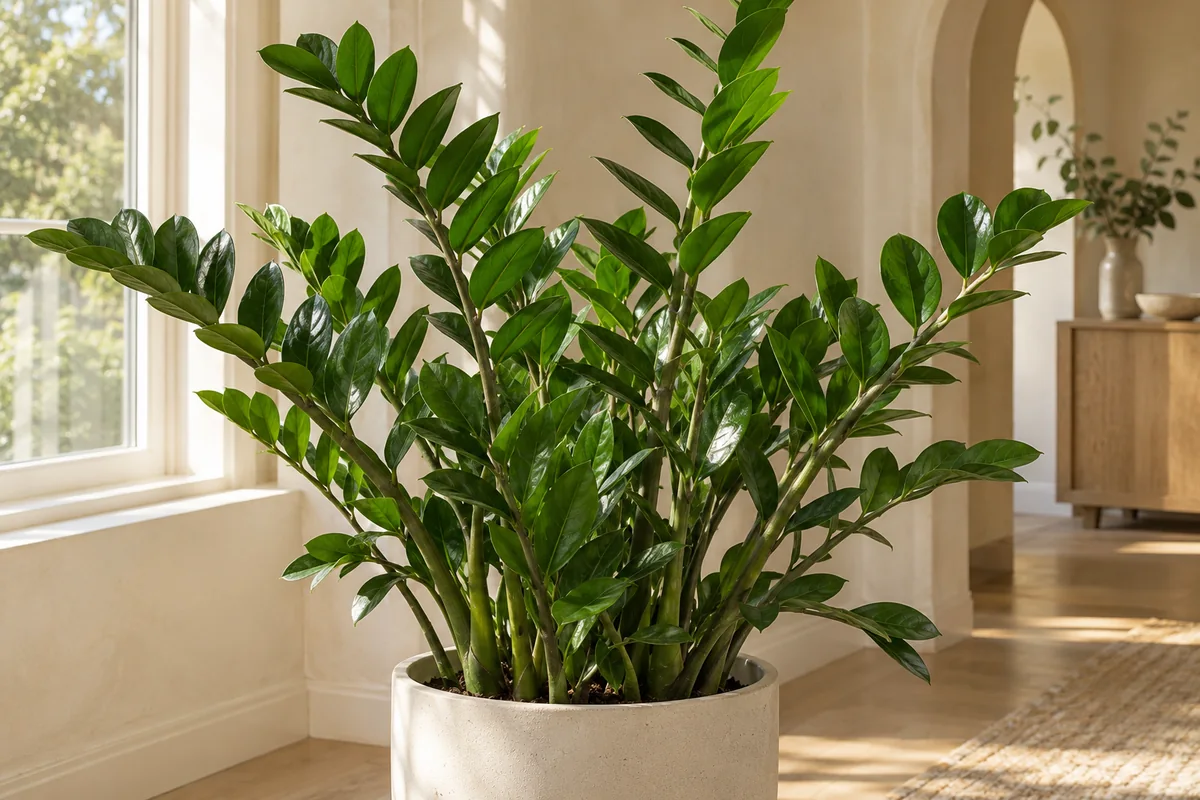Glossy oval Zanzibar gem leaflets on upright stems in an ivory pot near a window